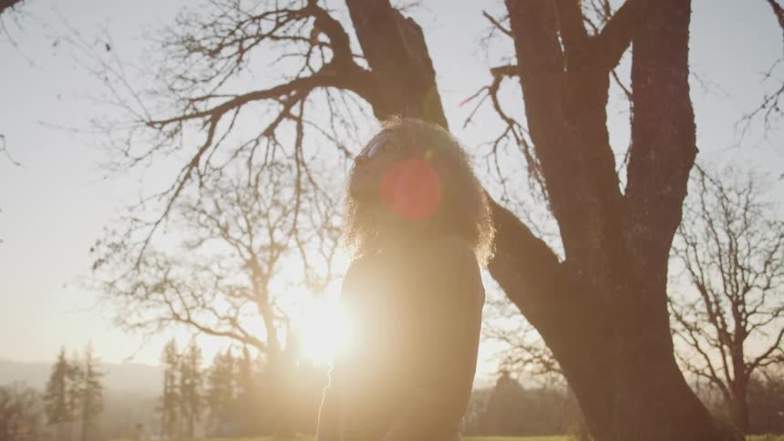 Woman stands under leafless tree back lit by sun approaching the horizon on foggy day