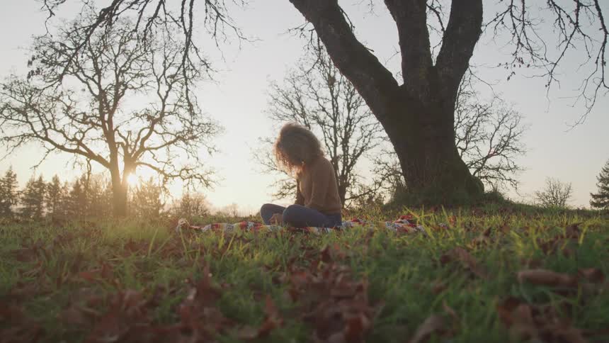 A woman sitting on a blanket on grass with trees and the sky in the background