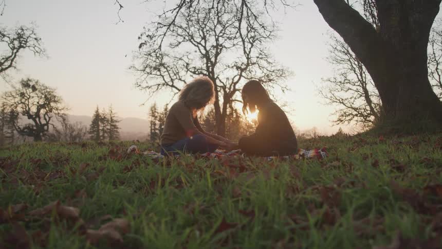 Two wemon hold hands with their heads down as if meditating under a tree on a hill strown with leaves in the sunset