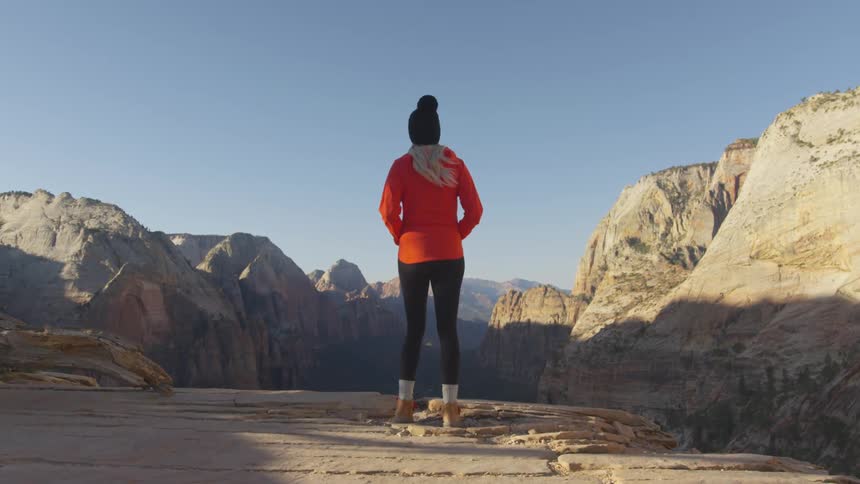 A woman stands high on a canyon or mountain