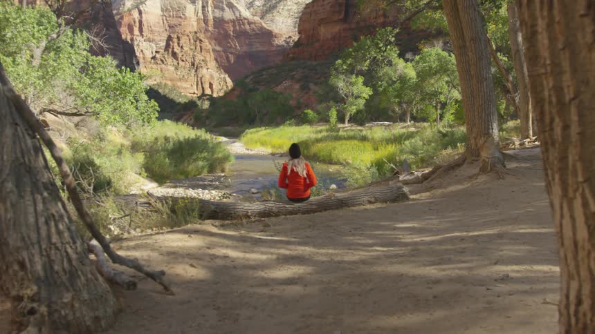A woman sits by a small creek in a woods area