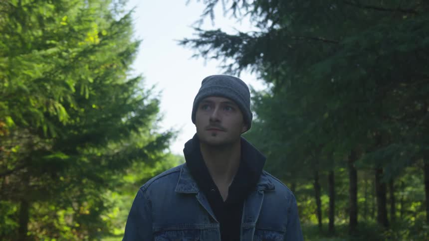A man is walking in a forest area