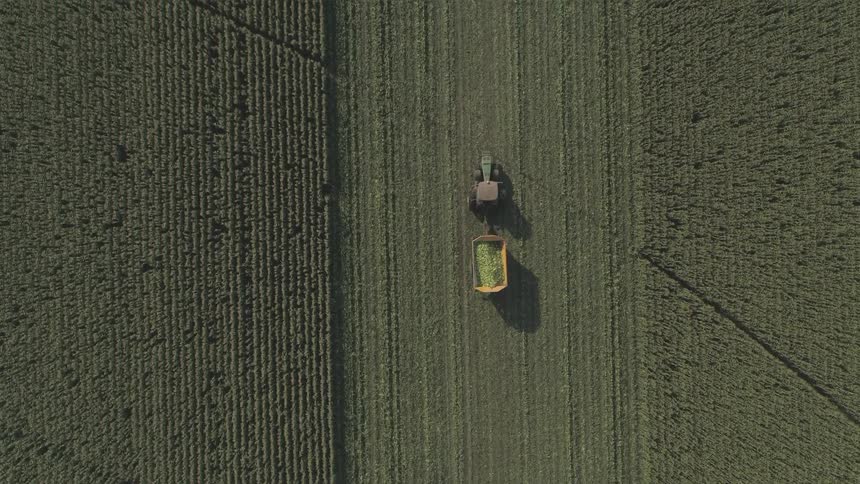 Aerial view of tractor in a field of crops