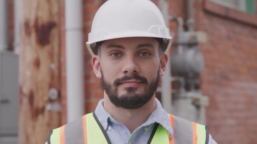 Man wearing hard hat and safety vest stands near utility in front of building