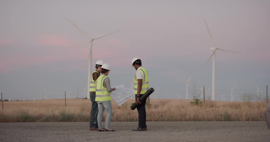 Three employees look at blue prints by a wind farm