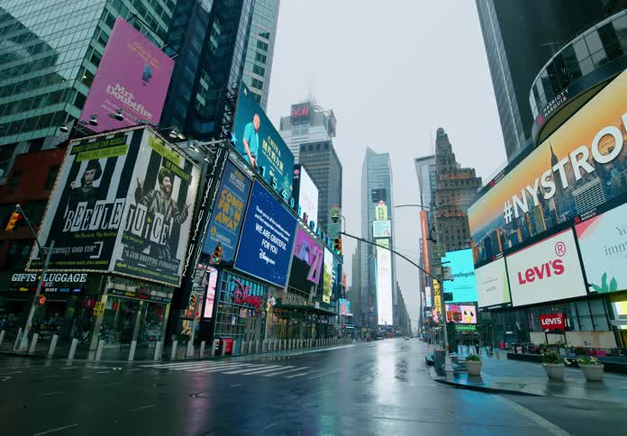 The down town area of a large city with many store fronts