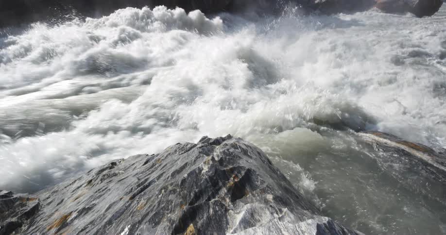 The waves in a river are moving fast
