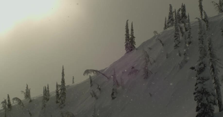 Snow falling over a snow covered hill with trees