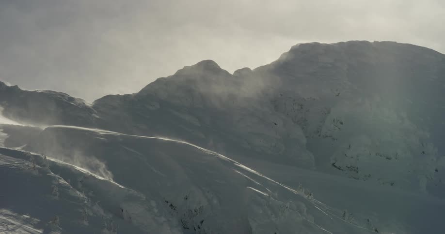 Snow covered peaks of a mountain range under the clouds at sunset