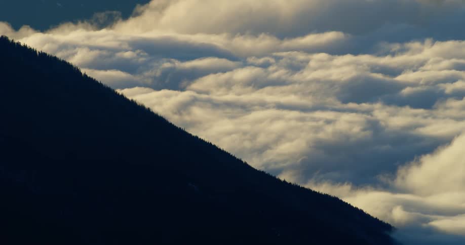 A thick layer of white clouds moves behind the silhouette of a slope with trees
