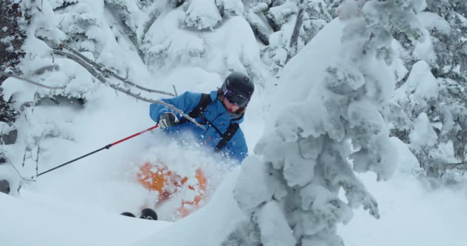 Skiing in deep snow through snow covered trees
