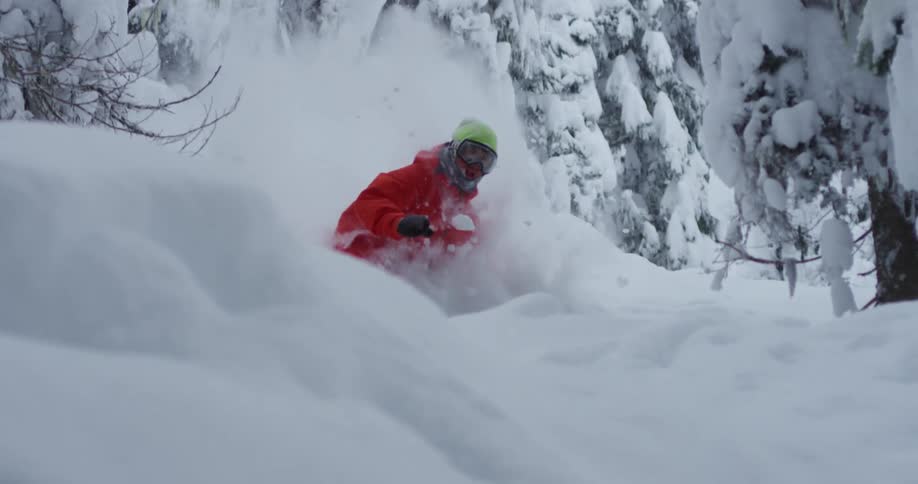 Snowboarder makes jump in forest