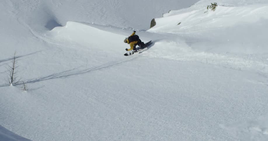 Snowboarder follows snowy slope avoiding ledge and passing leafless trees
