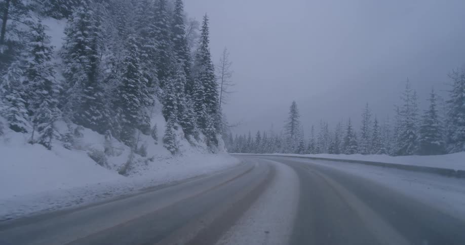 Driving down a road in a snow storm