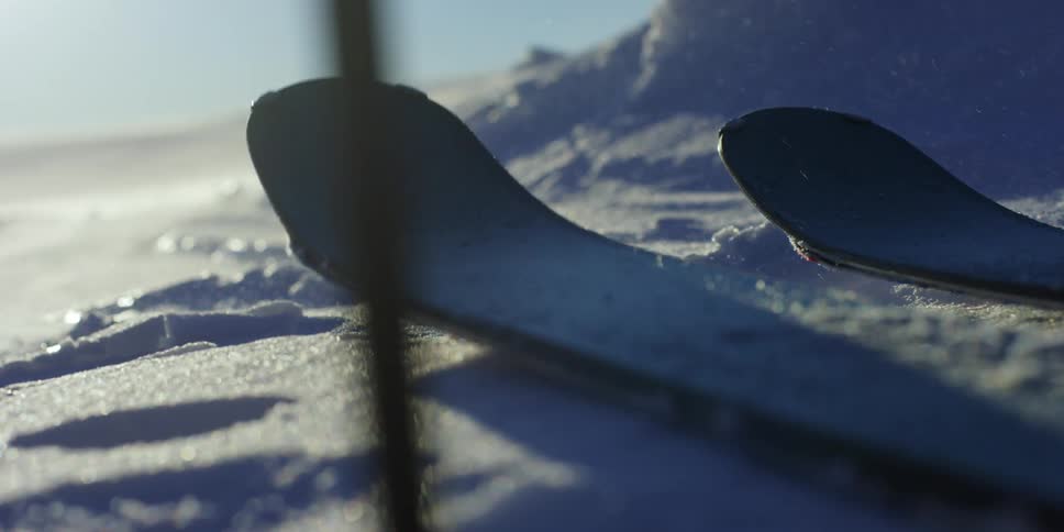Skis and ski pole in snow
