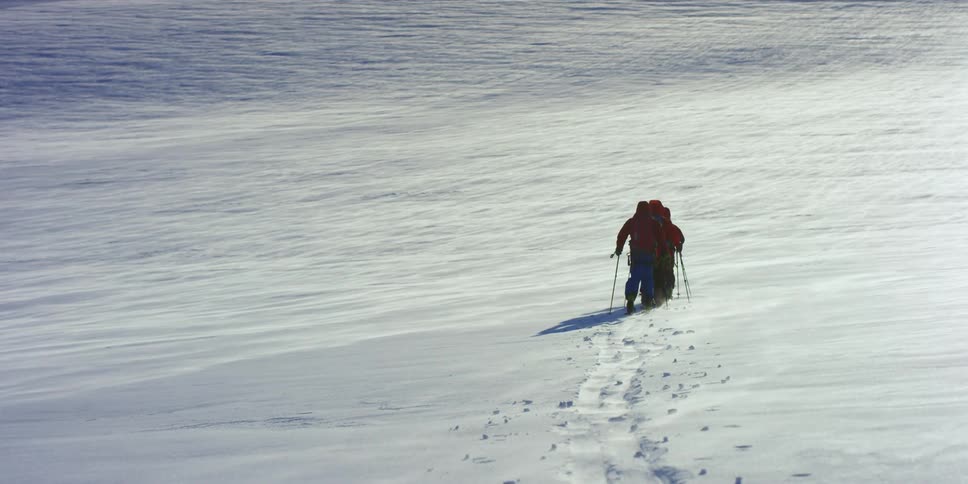 People cross country skiing across a field