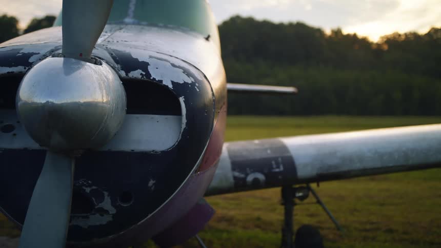 Small airplane with worn paint sits in field