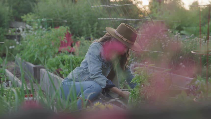 A woman is sitting at the edge of a planter while tending to a plant in a large garden