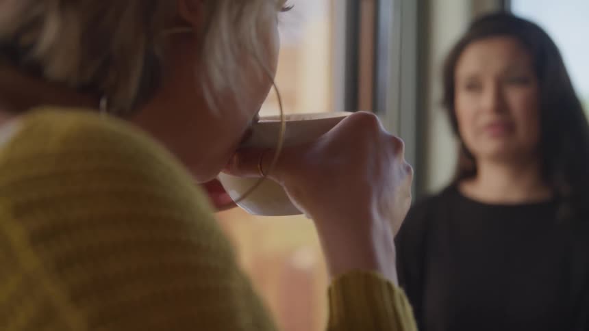 A woman in a cafe drinks from her cup as the woman sitting across for her speaks to her