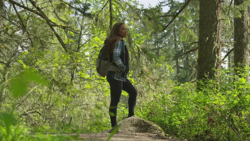 Woman wearing a backpack standing in a forest at day