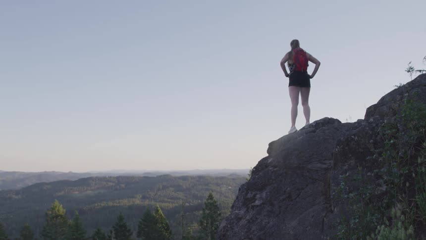 A woman stands atop a hill and looks out over a valley filled with trees