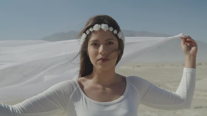 A woman with a white dress and a tiara holding a cloth in the wind with the sky and clouds in the background
