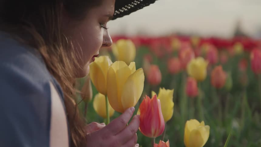 A woman is smelling flowers in a meadow