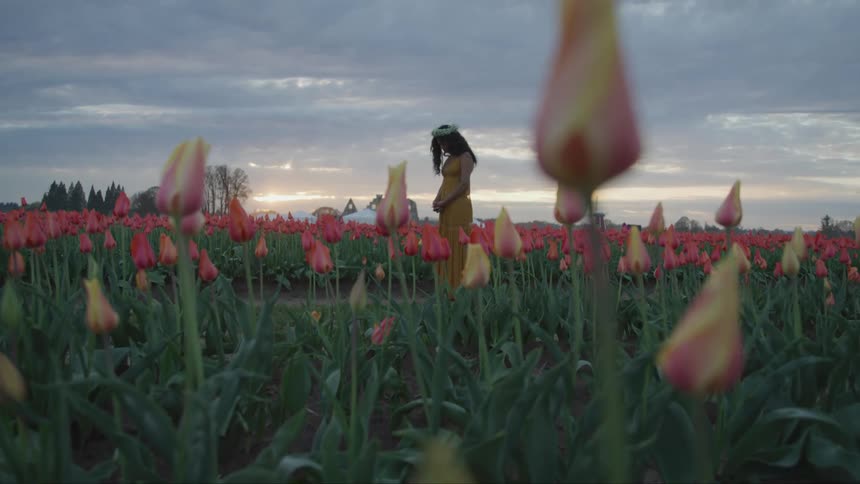 A woman with a wreath on her head stands with her head bowed in contemplation in a field of colorful flowers in the evening