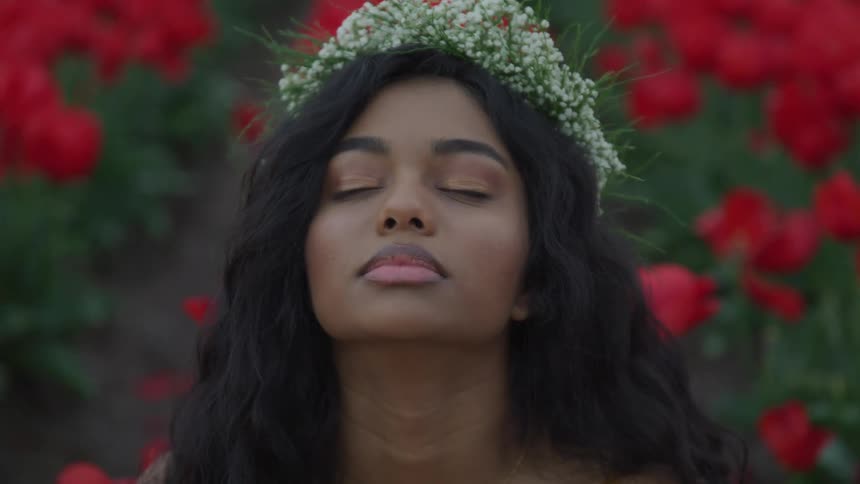 A young woman wearing a wreath on her head faces the sky with her eyes clouds while standing in a field of red flowers