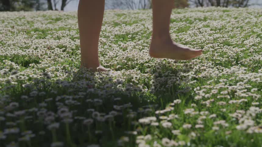 A female walks barefoot through a field that is filled with small wild flowers