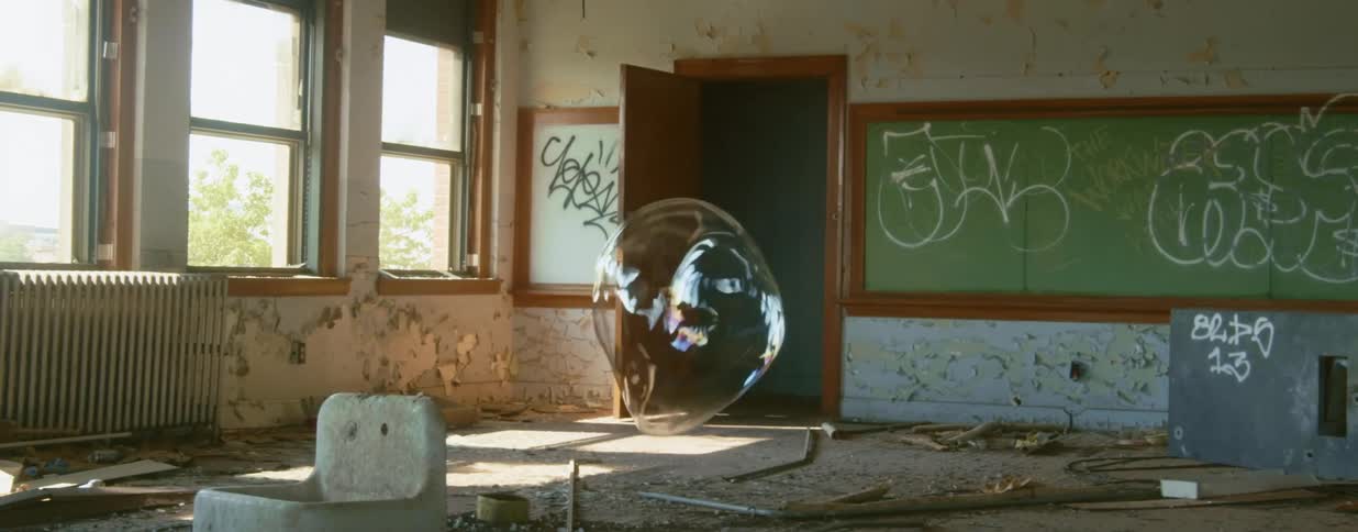 A bubble popping in an abandoned classroom with graffiti