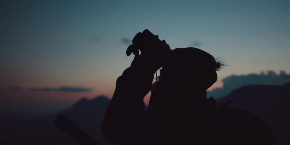 A man is looking at a view outdoors at dusk