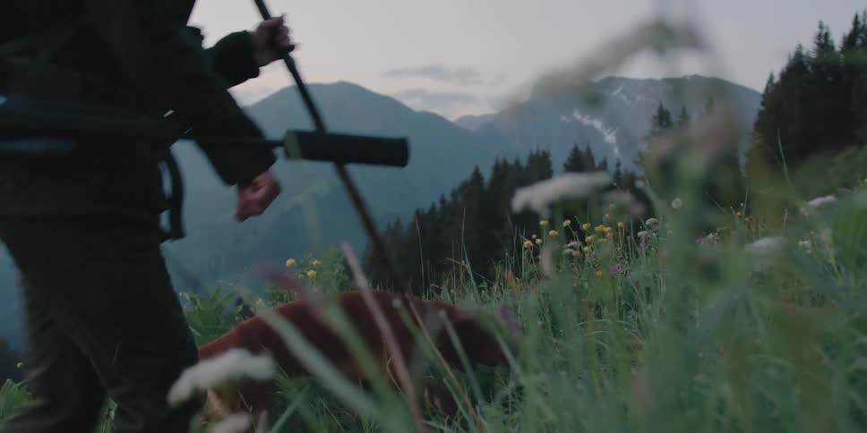 A man is hiking outdoors with his dog