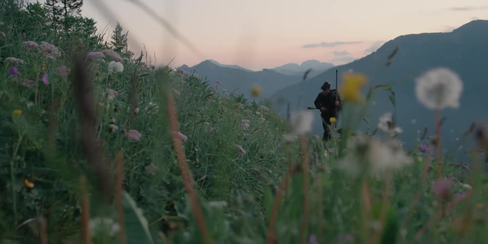 A man carries a rifle as he hikes up a hill covered with flowers
