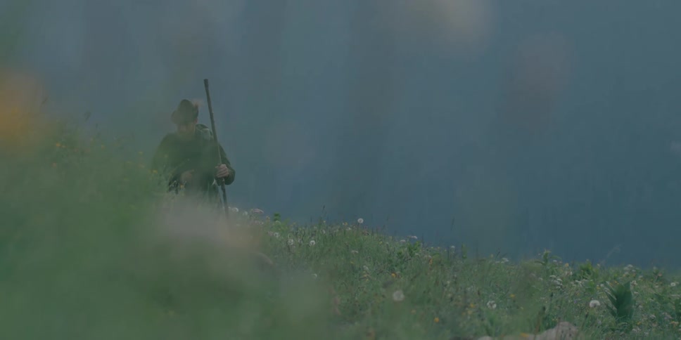 A man is hiking with his dog