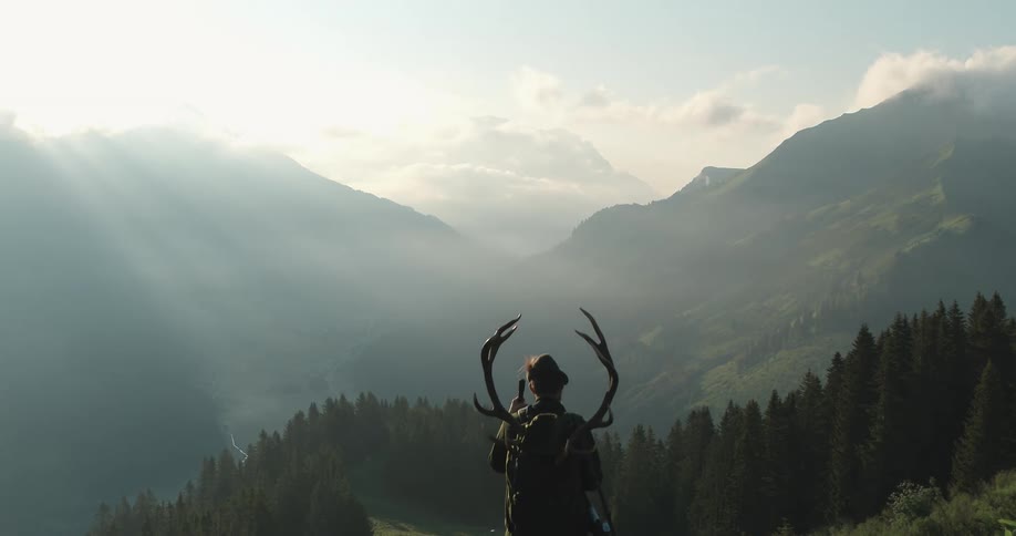 A hunter carrying a staff and rifle stands next to a dog on top of a hill and looks down at the valley below