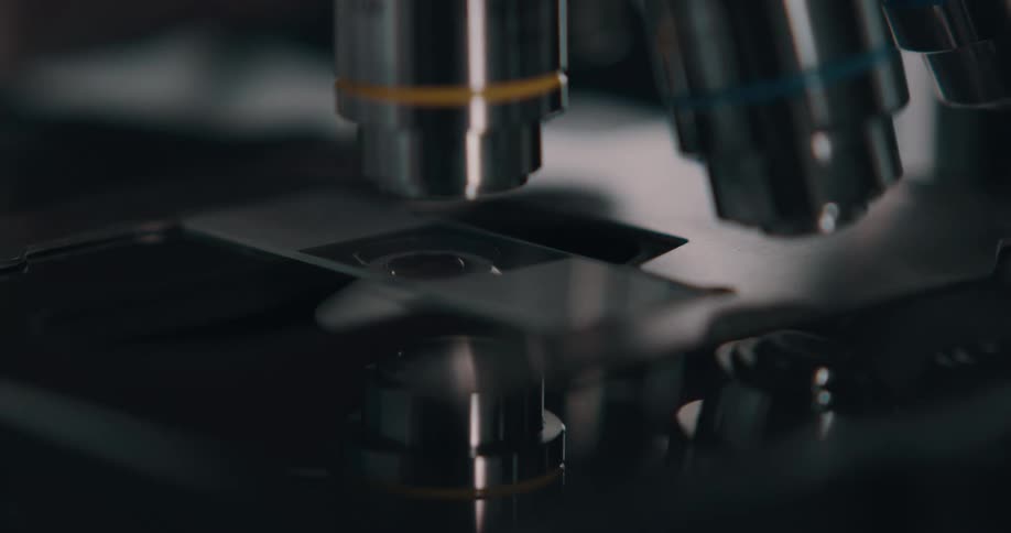 A person with gloves putting a slide underneath a microscope