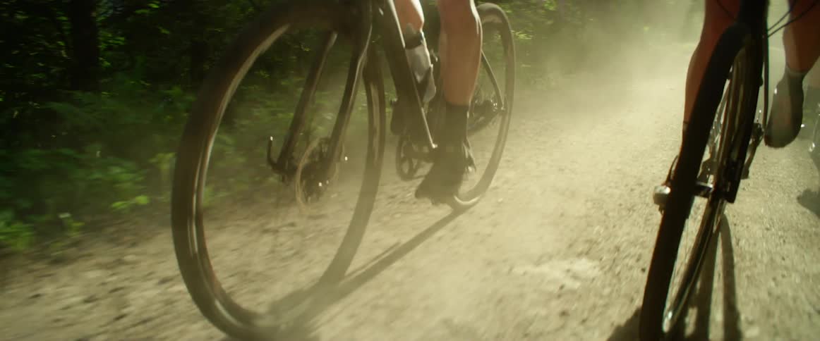 Three people riding bikes on a dirt road with plants and trees in the background