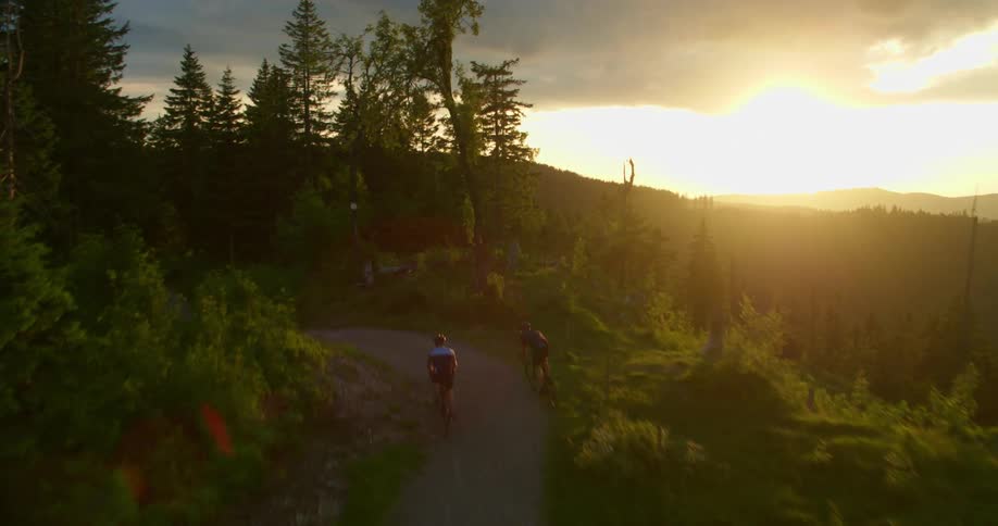 Two ciclists ride on a trail through the forest in the mountains at sunset