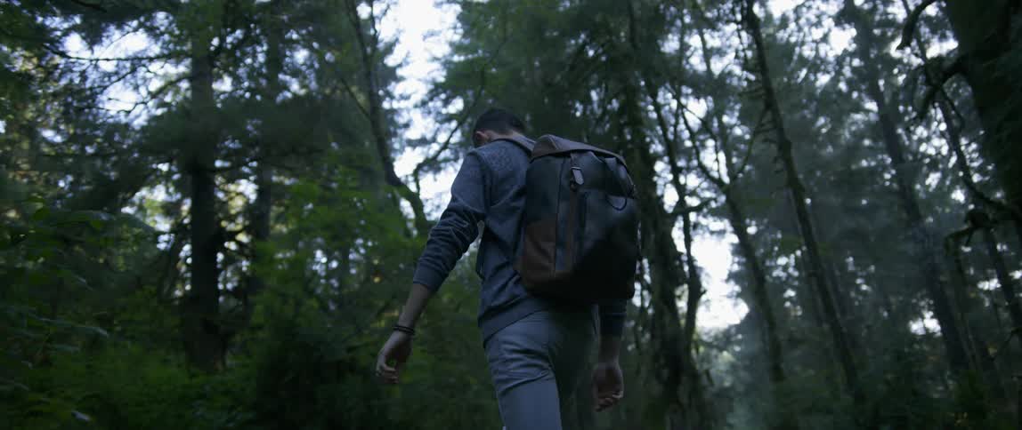 A man wearing a backpack hiking through a forest