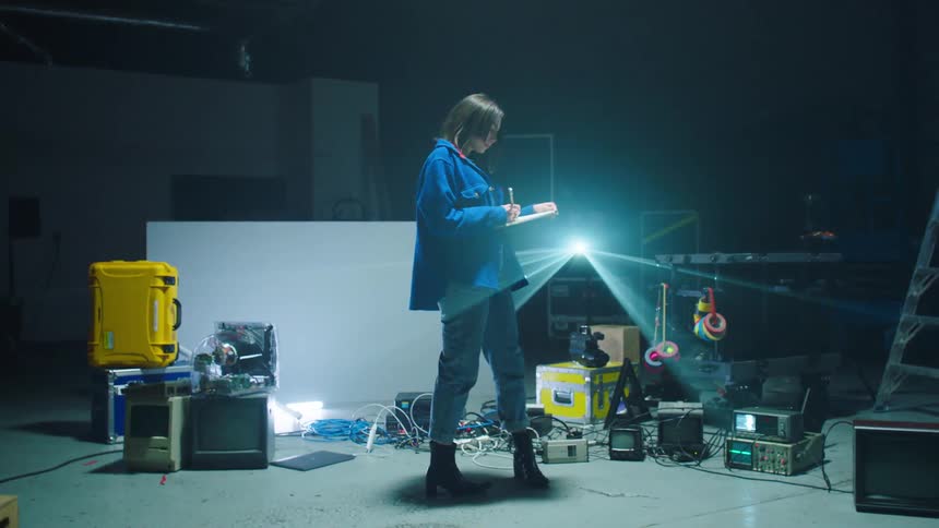 A woman walking with a pen and a notebook writing backstage with lights and a ladder