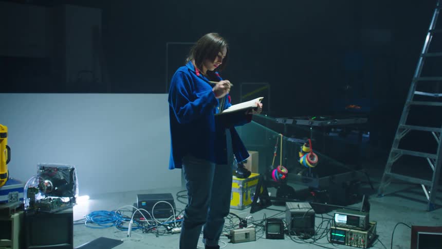 A woman with a pen and a notebook backstage with lights and a ladder