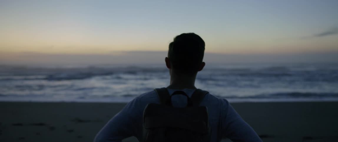 A man walks on a beach at dusk