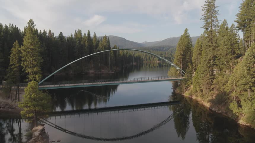 A bridge spanning a river through a vast forest on a sunny day