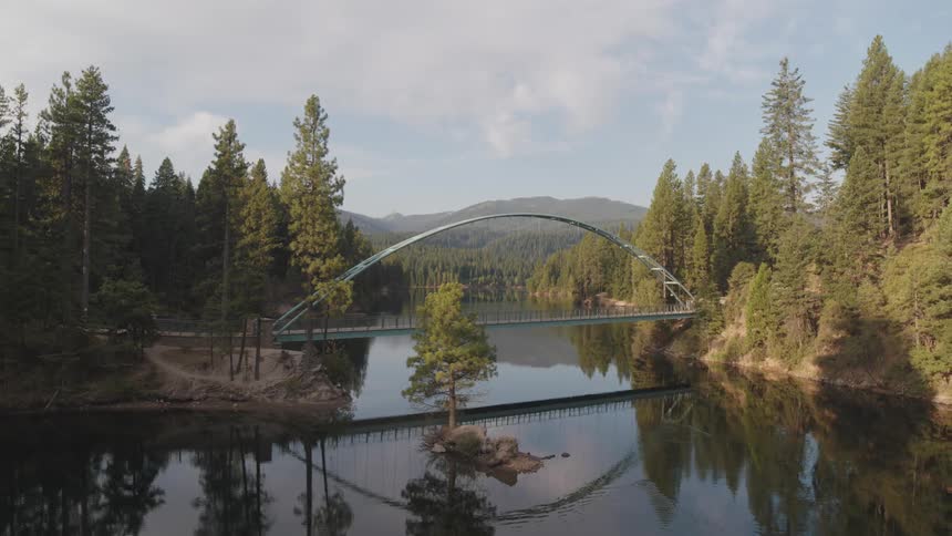 Pedestrian bridge with arch spanning river in forest