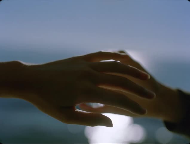 Two hands reach for each other with fingers extended and twist and turn to tease and form shapes with the sun shimmering on the ocean behind