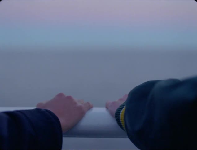 A woman moves her hand closer to a male friend as they hold onto a railing on a balcony over the beach