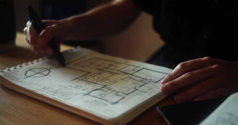 A woman draws a floorplan in a notepad