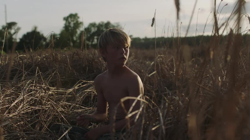 Man sits in field of brown dry grasses that is bordered by green trees