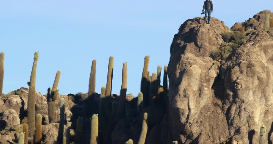 A photographer standing on the edge of a cliff near cacti in a desert